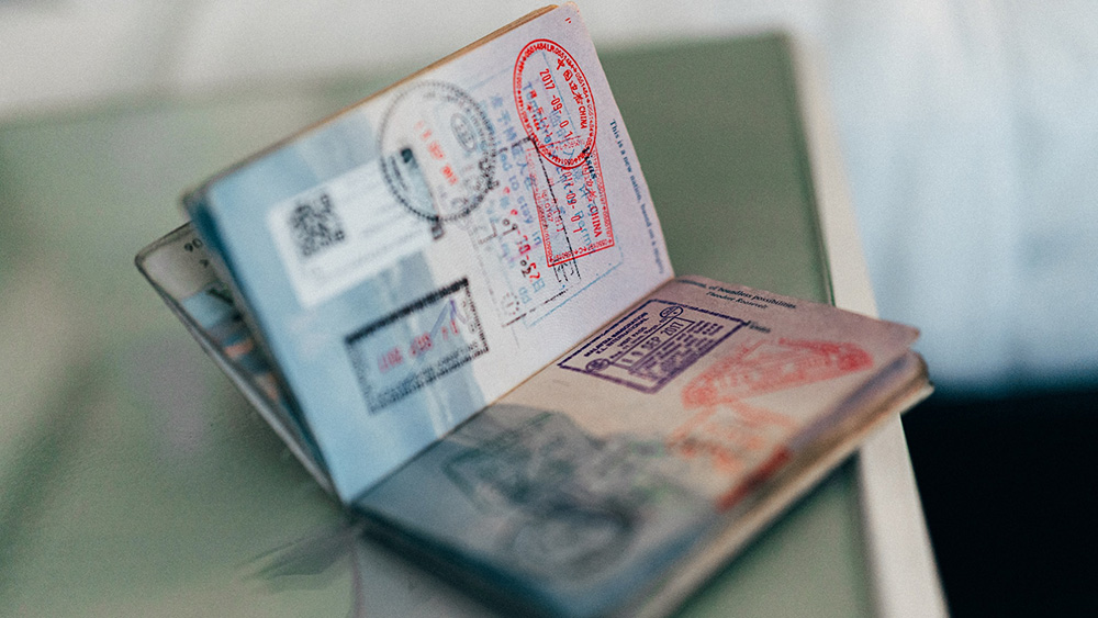 An open passport with lots of stamps